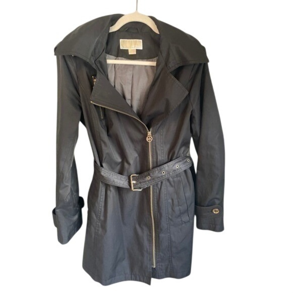 Michael Kors Women's Black Hooded Trench Coat Belted Water Resistant Size Medium